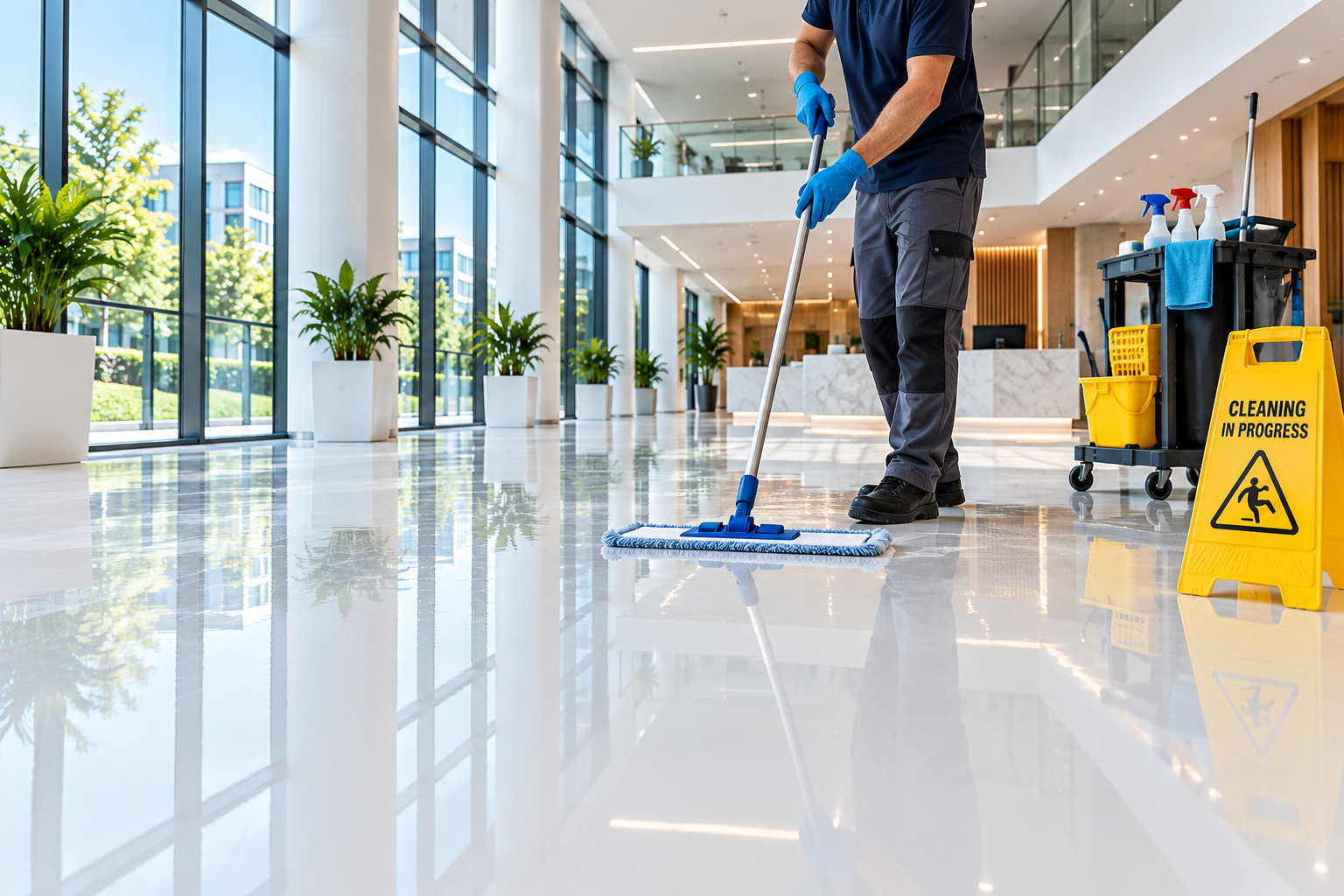 Modern Lobby Cleaning in Progress